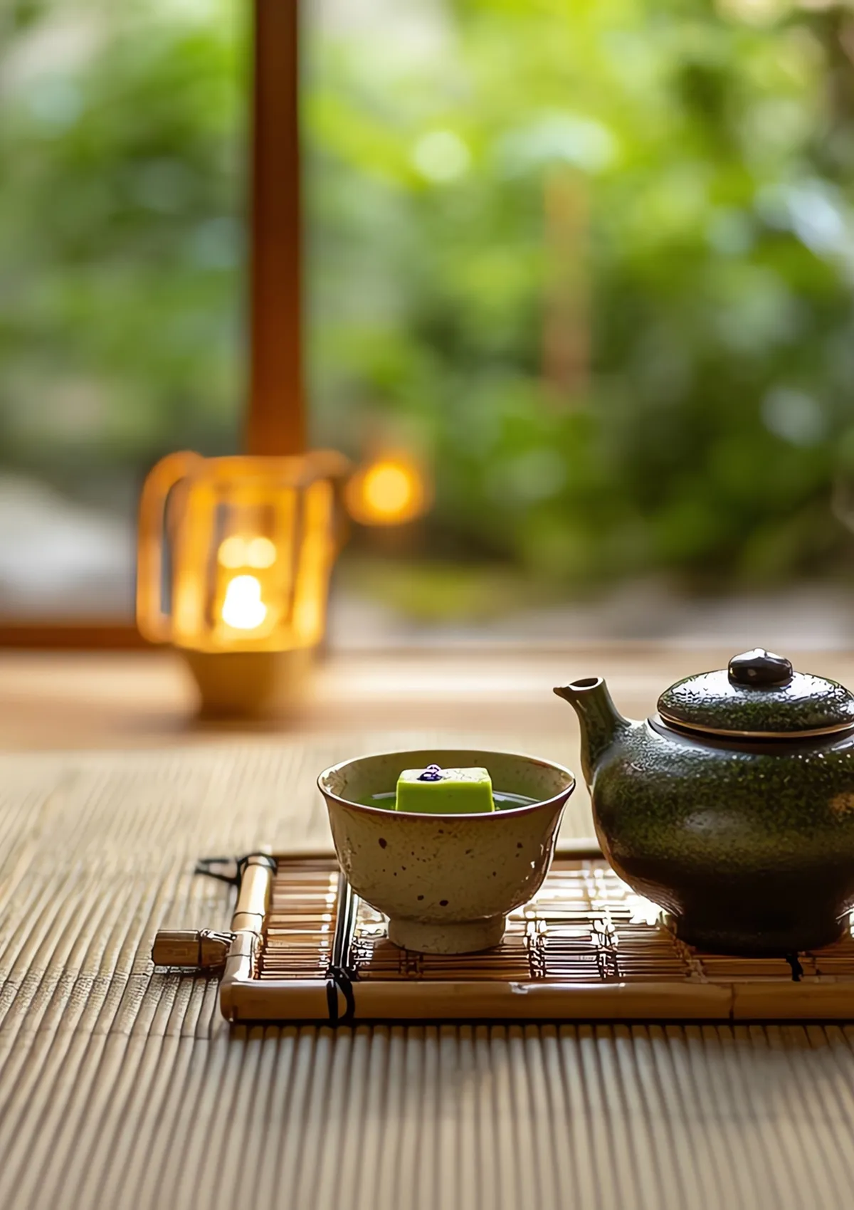 A green tea bowl with a tea strainer on top, preparing to pour matcha powder into the bowl with a tea whisk. A bamboo tea whisk and tea utensils can be seen in the background, a scene from an authentic tea ceremony.